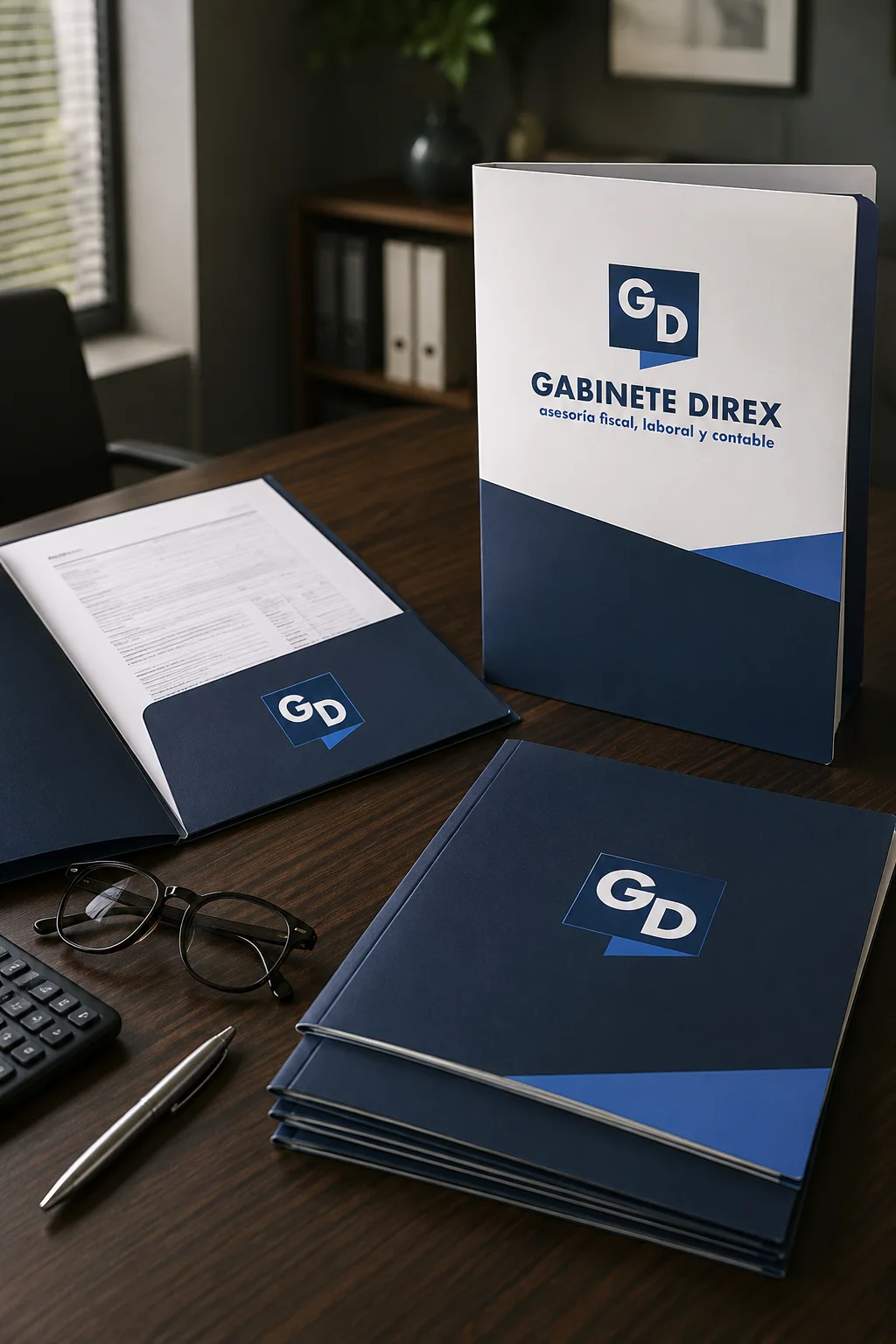 Material corporativo de Gabinete DIREX en una mesa de trabajo