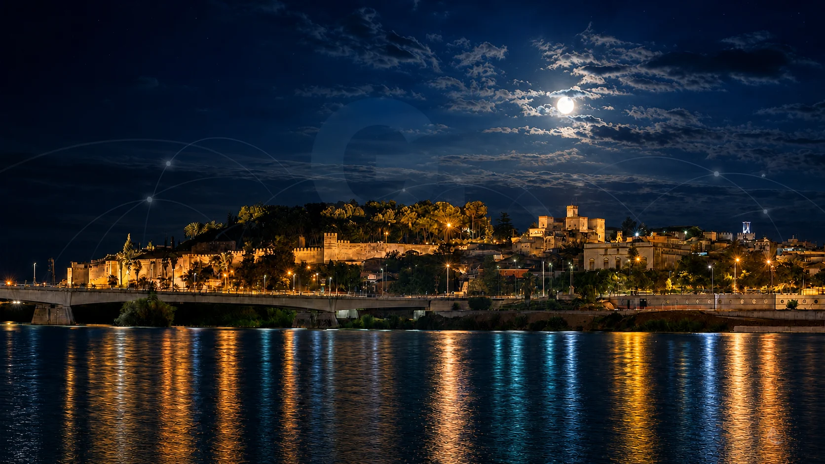 Vista nocturna de Badajoz y el río Guadiana con conexiones que representan una asesoría integral
